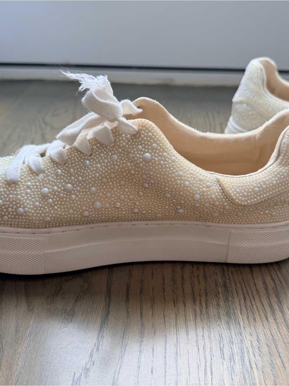 Betsy Kohnson Embellished white/ Cream Women's Lace-Up Sneakers with pearls - Picture 5 of 10
